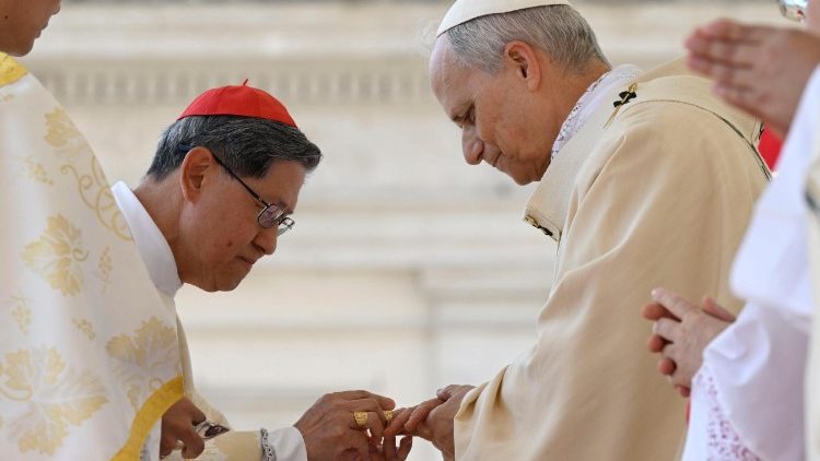 Il cardinale Luis Antonio Gokim Tagle consegna a Papa Leone XIV l'Anello del Pescatore