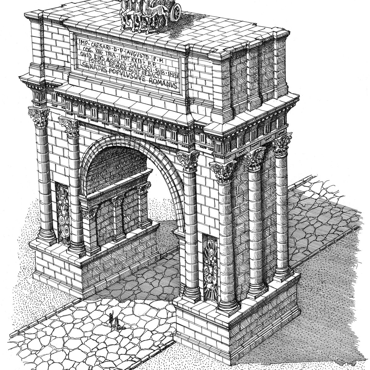 L'Arco d'Augusto in un disegno di Corni