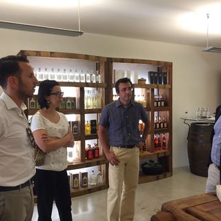 Vista alla distilleria Saint Roch: Davide Dell'Innocenti (Dell'Innocenti Lamiere S.r.l.), Federica Bravo (Manpower S.r.l.) Simone Lingeri (Presidente GI - Honestamp S.r.l.) e Nicola Rosset (St. Roch S.r.l.)