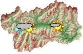 La mappa della meteo odierna; in basso il tempo previsto per domani e per mercoledì 7 novembre, e il bollettino meteo regionale
