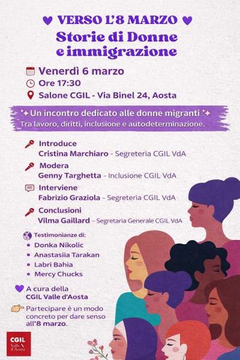 L’8 marzo della Cgil è “Storie di Donne e Immigrazione”: ad Aosta un incontro su diritti e integrazione