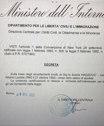 Per 33 anni 'ostaggio' dell'Italia dove è nata e cresciuta, ora è finalmente apolide: il decreto del Viminale