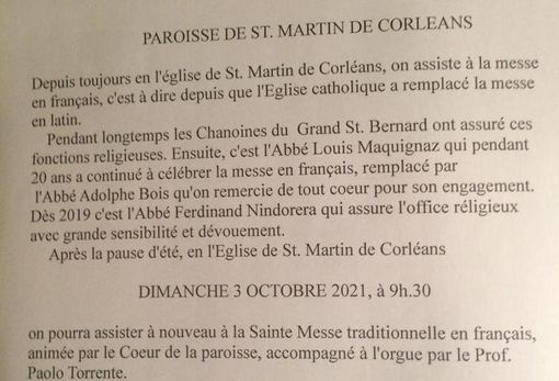 Da domenica 3 ottobre riprendono nella chiesa di Saint Martin de Corleans la celebrazione della santa Messa in lingua francese