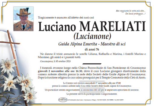 La Valdigne ed il mondo alpinistico piangono Lucianone Meriliati. I funerali avranno luogo nella Chiesa Parrocchiale di San Pantaleone di Courmayeur giovedì 2 novembre alle ore 14.30 il funerale La Valdigne ed il mondo alpinistico piangono Lucianone Meriliati. I funerali avranno luogo nella Chiesa Parrocchiale di San Pantaleone di Courmayeur giovedì 2 novembre alle ore 14.30 il funerale