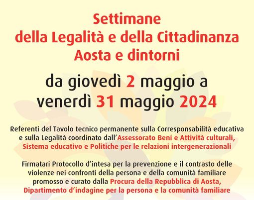 A maggio prende il via l’evento “Settimane della Legalità e della Cittadinanza – Aosta e dintorni” A maggio prende il via l’evento “Settimane della Legalità e della Cittadinanza – Aosta e dintorni”