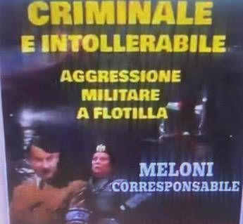 Al corteo di Milano volantino con Meloni vestita da gerarca fascista