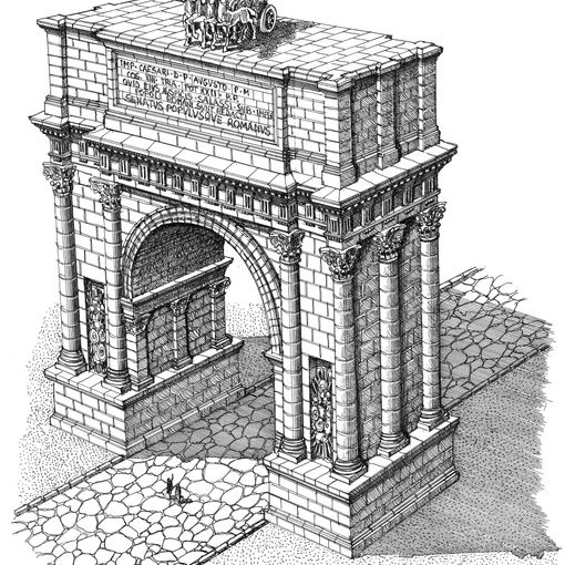 L'Arco d'Augusto in un disegno di Corni