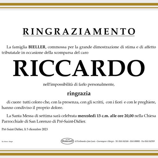 I grazie dei congiunti per il sostegno e l'affetto ricevuti per la perdita di Riccardo