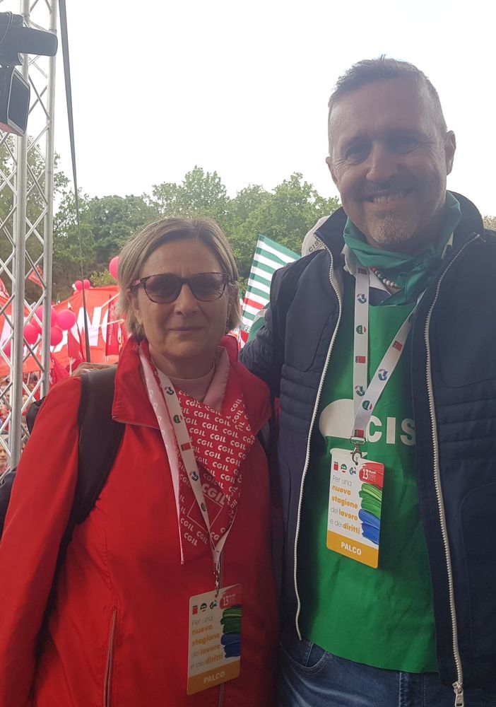 Jean Dondeynaz (Cisl) e Wilma Gaillard (Cgil) sul palco. Assente per motivi di salute Ramira Bizzotto (Uil)