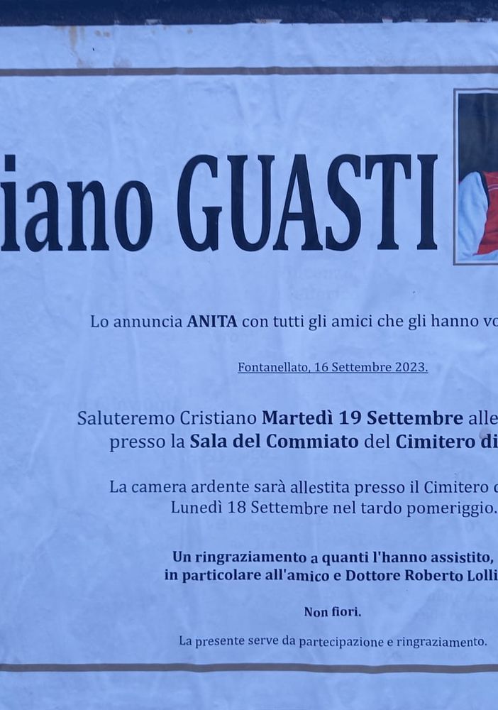 Oggi il funerale di Cristiano Guasti
