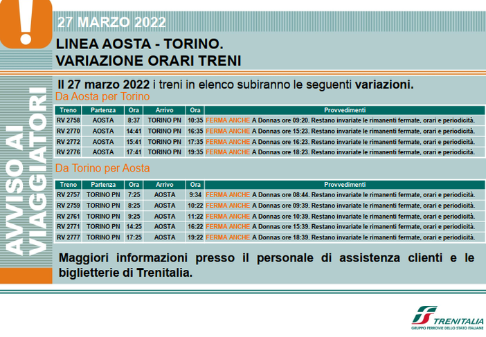 TRENITALIA, VALLE D’AOSTA: AL VIA ORARIO INVERNALE COLLEGAMENTI DIRETTI TRA AOSTA E TORINO TRENITALIA, VALLE D’AOSTA: AL VIA ORARIO INVERNALE COLLEGAMENTI DIRETTI TRA AOSTA E TORINO