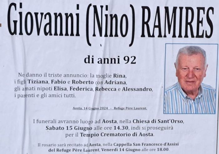 Cordoglio della Giunta regionale per la scomparsa di Giovanni “Nino” Ramires