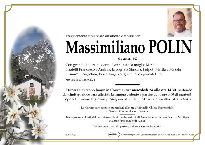 Costernazione a Morgex e nella Valdigne per la tragica scomparsa di Massimiliano Polin Costernazione a Morgex e nella Valdigne per la tragica scomparsa di Massimiliano Polin