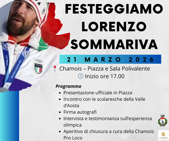 Chamois abbraccia il suo campione: sabato 21 marzo la festa per Lorenzo Sommariva
