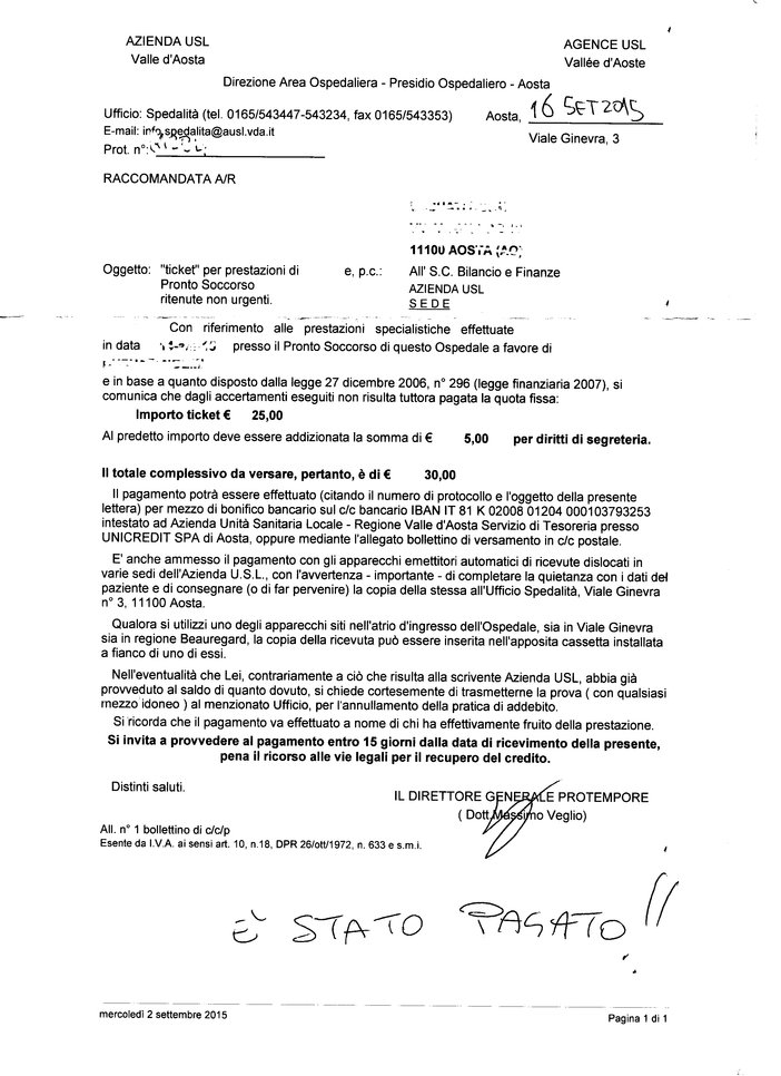 Questa la lettera inviata in questi giorni a diversi utenti della Usl VdA