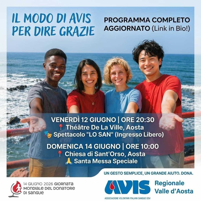 Giornata del Donatore: l’Avis Valle d'Aosta festeggia tra teatro, musica e comunità Giornata del Donatore: l’Avis Valle d'Aosta festeggia tra teatro, musica e comunità