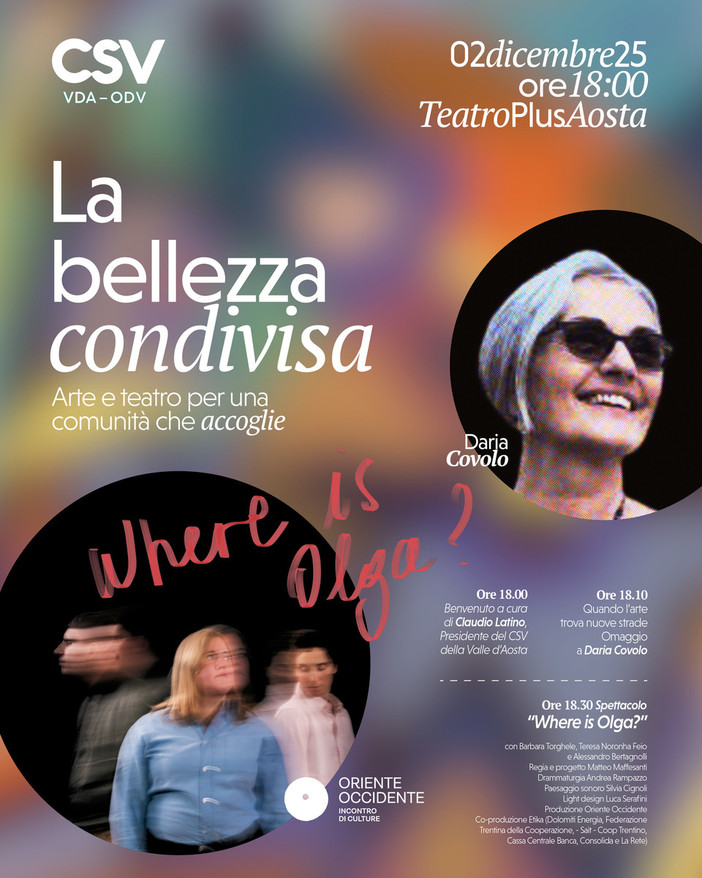 Il 2 dicembre un evento nel teatro di Plus ad Aosta: “La bellezza condivisa – Arte e teatro per una comunità che accoglie” Il 2 dicembre un evento nel teatro di Plus ad Aosta: “La bellezza condivisa – Arte e teatro per una comunità che accoglie”