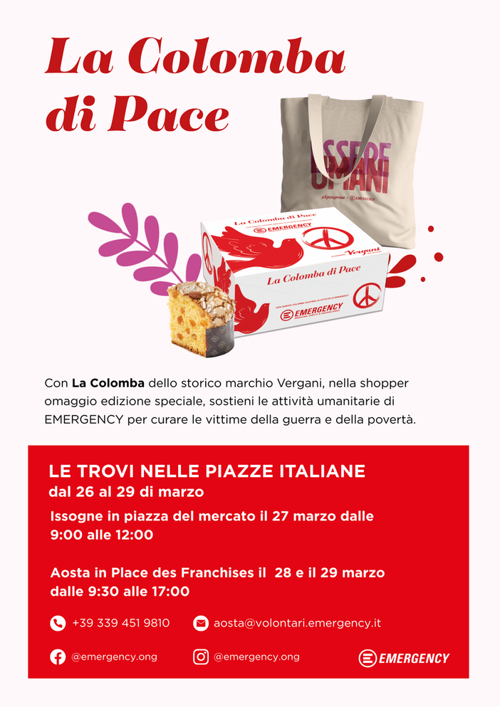Una “Colomba di Pace” per Emergency: la solidarietà arriva nelle piazze valdostane Una “Colomba di Pace” per Emergency: la solidarietà arriva nelle piazze valdostane