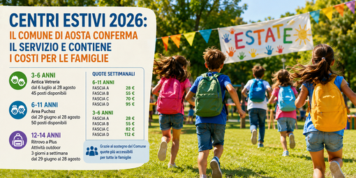 Centri estivi 2026: il Comune di Aosta conferma il servizio e contiene i costi per le famiglie Centri estivi 2026: il Comune di Aosta conferma il servizio e contiene i costi per le famiglie