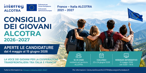 Programma Interreg Alcotra, aperte le candidature per il rinnovo del Consiglio dei giovani Alcotra 2026–2027 Programma Interreg Alcotra, aperte le candidature per il rinnovo del Consiglio dei giovani Alcotra 2026–2027