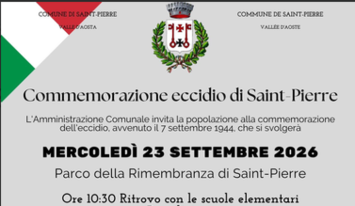 Saint-Pierre ricorda le vittime dell’eccidio del 1944: il 23 settembre la commemorazione al Parco della Rimembranza Saint-Pierre ricorda le vittime dell’eccidio del 1944: il 23 settembre la commemorazione al Parco della Rimembranza