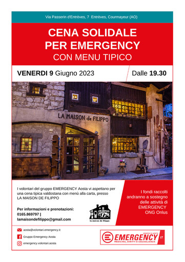 Gruppo Emergency Aosta organizza cena a Courmayeur
