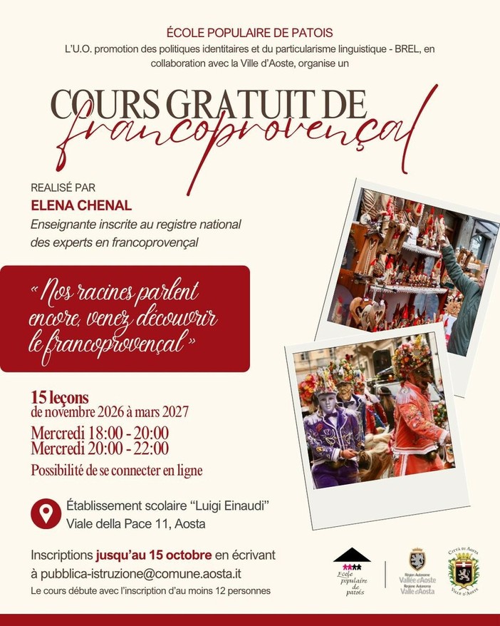 Aosta, corsi gratuiti di francoprovenzale: iscrizioni aperte fino al 15 ottobre Aosta, corsi gratuiti di francoprovenzale: iscrizioni aperte fino al 15 ottobre