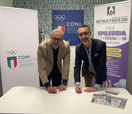 Da ds: Jean Dondeynaz, presidente del Coni VdA, e Manuele Amateis, presidente di AICE VdA Da ds: Jean Dondeynaz, presidente del Coni VdA, e Manuele Amateis, presidente di AICE VdA