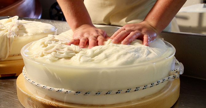 Una fase della lavorazione della Fontina Una fase della lavorazione della Fontina