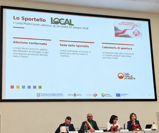 Da sinistra: Alex Borinato, moderatore dell'evento; Mauro Duroux, presidente dell'Unité des Communes valdôtaines Mont-Cervin; Carla Stefania Riccardi, coordinatore del Dip. Affari europei, innovazione e politiche per la montagna e giovanili; Francesca Milani Thomain, coordinatore della Strategia per l'Unité. Da sinistra: Alex Borinato, moderatore dell'evento; Mauro Duroux, presidente dell'Unité des Communes valdôtaines Mont-Cervin; Carla Stefania Riccardi, coordinatore del Dip. Affari europei, innovazione e politiche per la montagna e giovanili; Francesca Milani Thomain, coordinatore della Strategia per l'Unité.