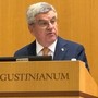 Il presidente del Cio Thomas Bach durante il convegno “Lo slancio della speranza: storie oltre il podio” presso l'auditorium Istituto Patristico Augustinianum