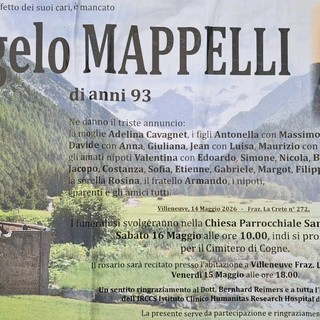 Addio ad Angelo Mappelli, il cordoglio del Consiglio Valle per uno storico protagonista della politica valdostana. Sabato il funerale