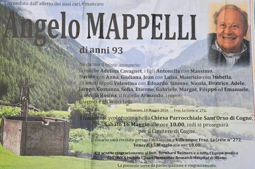 Addio ad Angelo Mappelli, il cordoglio del Consiglio Valle per uno storico protagonista della politica valdostana. Sabato il funerale