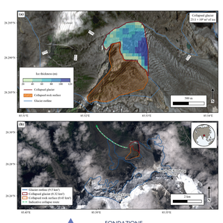 La foto ricostruisce l’area sorgente dell’evento: circa 0,32 km² di ghiacciaio coinvolto, corrispondenti a una stima di 23,1 milioni di m³ di ghiaccio, associati a un’importante area di instabilità del versante roccioso. La linea tratteggiata indica la direzione iniziale della massa mobilizzata