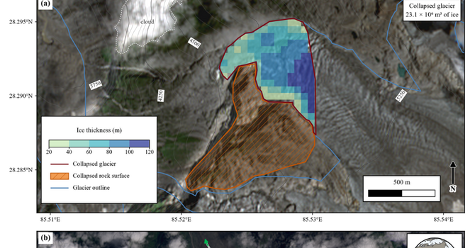 La foto ricostruisce l’area sorgente dell’evento: circa 0,32 km² di ghiacciaio coinvolto, corrispondenti a una stima di 23,1 milioni di m³ di ghiaccio, associati a un’importante area di instabilità del versante roccioso. La linea tratteggiata indica la direzione iniziale della massa mobilizzata La foto ricostruisce l’area sorgente dell’evento: circa 0,32 km² di ghiacciaio coinvolto, corrispondenti a una stima di 23,1 milioni di m³ di ghiaccio, associati a un’importante area di instabilità del versante roccioso. La linea tratteggiata indica la direzione iniziale della massa mobilizzata