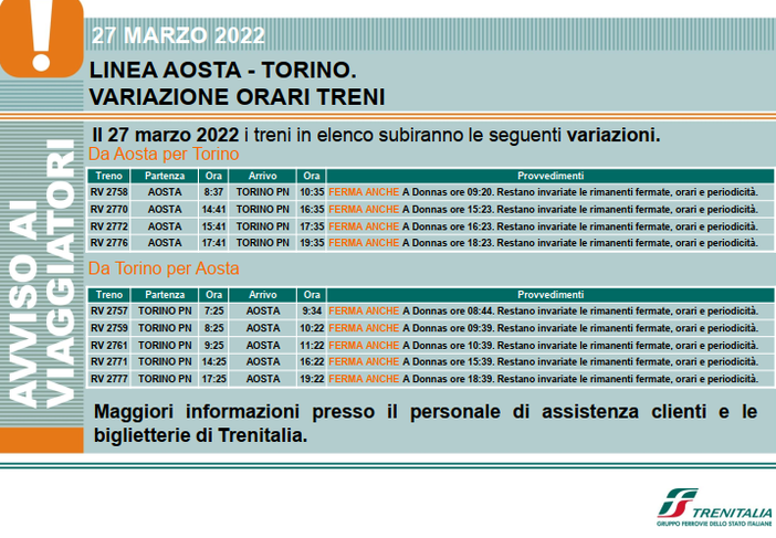 TRENITALIA, VALLE D’AOSTA: AL VIA ORARIO INVERNALE COLLEGAMENTI DIRETTI TRA AOSTA E TORINO TRENITALIA, VALLE D’AOSTA: AL VIA ORARIO INVERNALE COLLEGAMENTI DIRETTI TRA AOSTA E TORINO