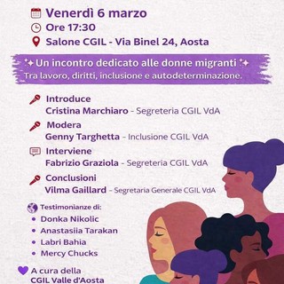 L’8 marzo della Cgil è “Storie di Donne e Immigrazione”: ad Aosta un incontro su diritti e integrazione